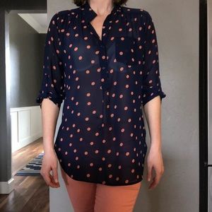 3/4 Sleeve Navy and Coral Polka Dot Blouse